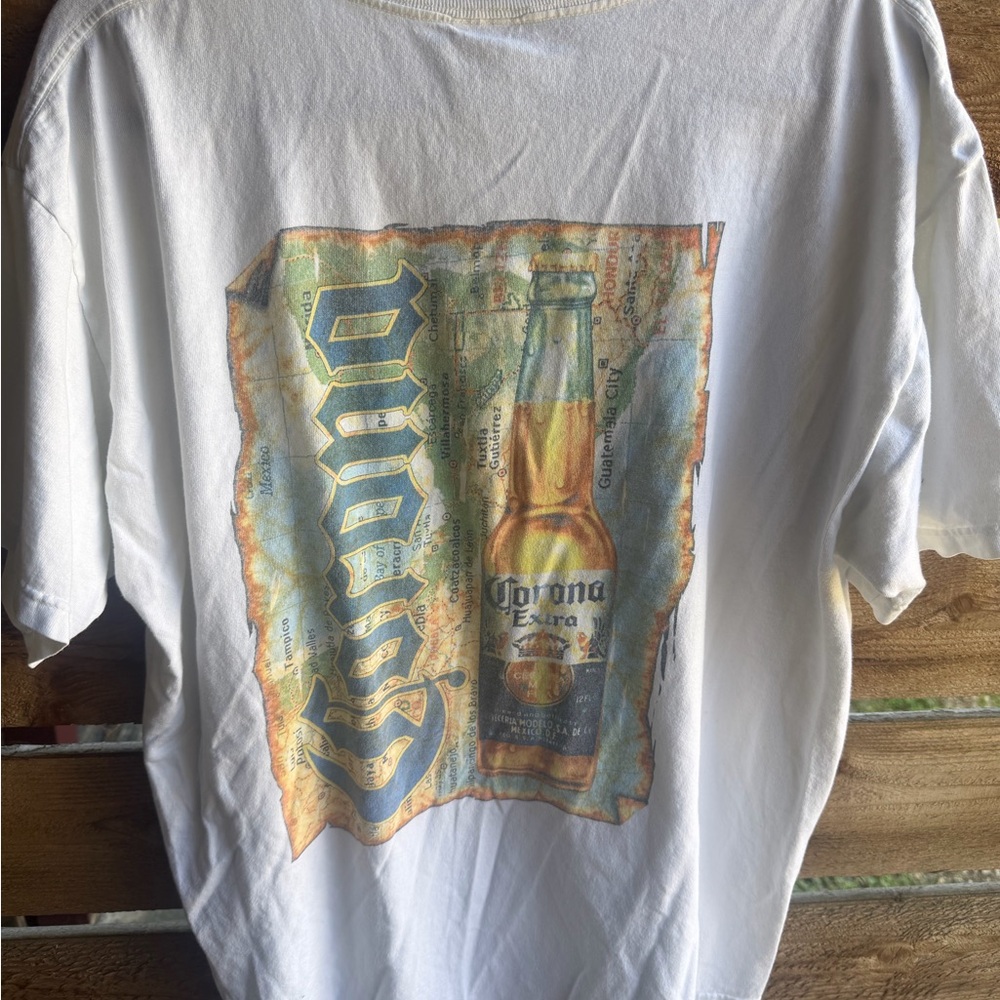 Corona Beer White Short Sleeve Tee with Yellow & Blue Bottle Graphic XL